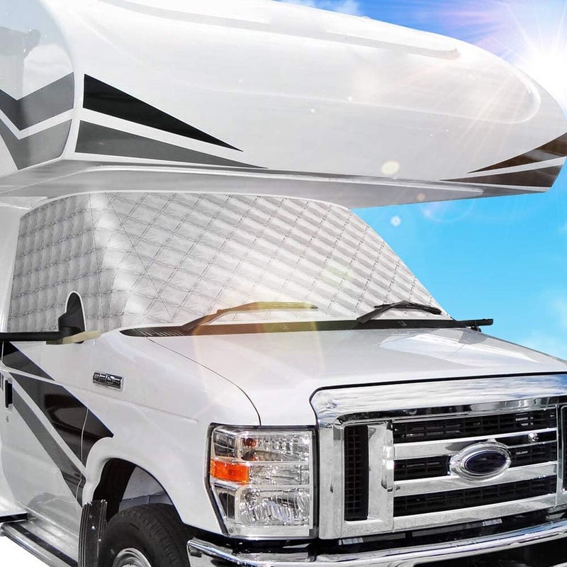 BougeRV RV Windshield Window Snow Cover for Class C Ford E450 1997-2025 Motorhome, Windshield Cover for Ice and Snow RV Front Window Sunshade Cover RV Accessories 4 Layers with Mirror Cutouts Silver - Image 1